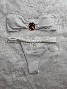 SHEIN White Bandeau Bikini with Gold Medallion